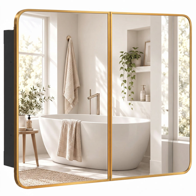 Gold tone framed double door bathroom mirror cabinet reflecting a bathtub and window