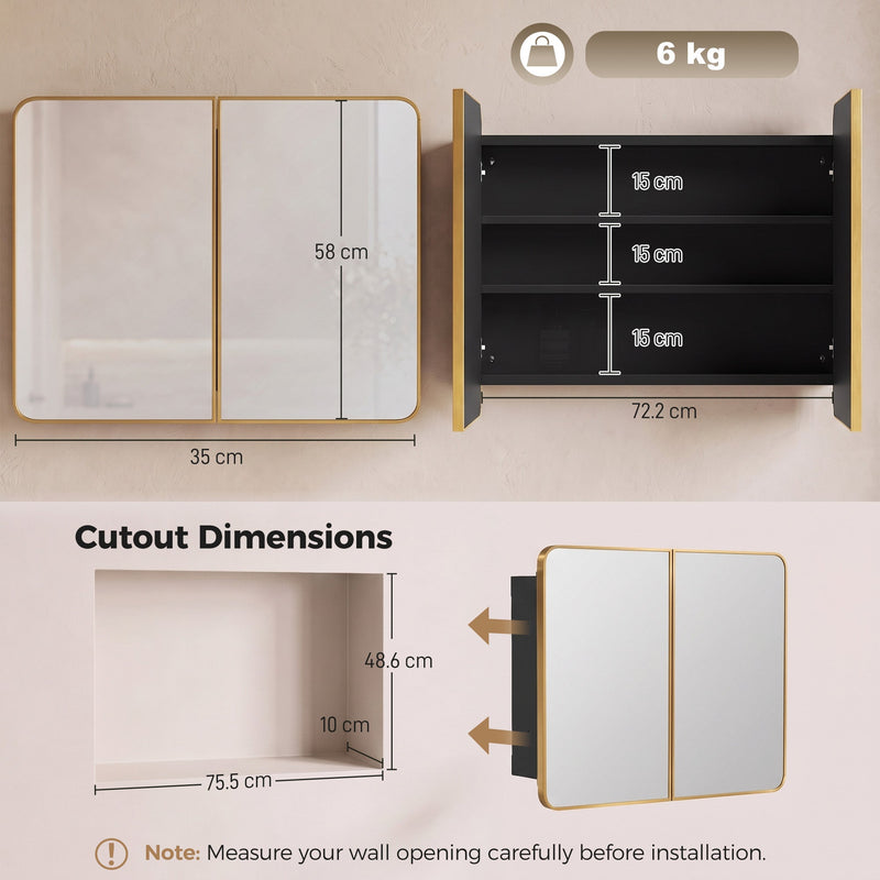 Dimensions diagram for the gold tone mirror cabinet with mirror size, shelf spacing and wall cutout size