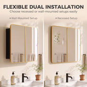 Gold tone mirror cabinet shown in wall-mounted and recessed installations side by side