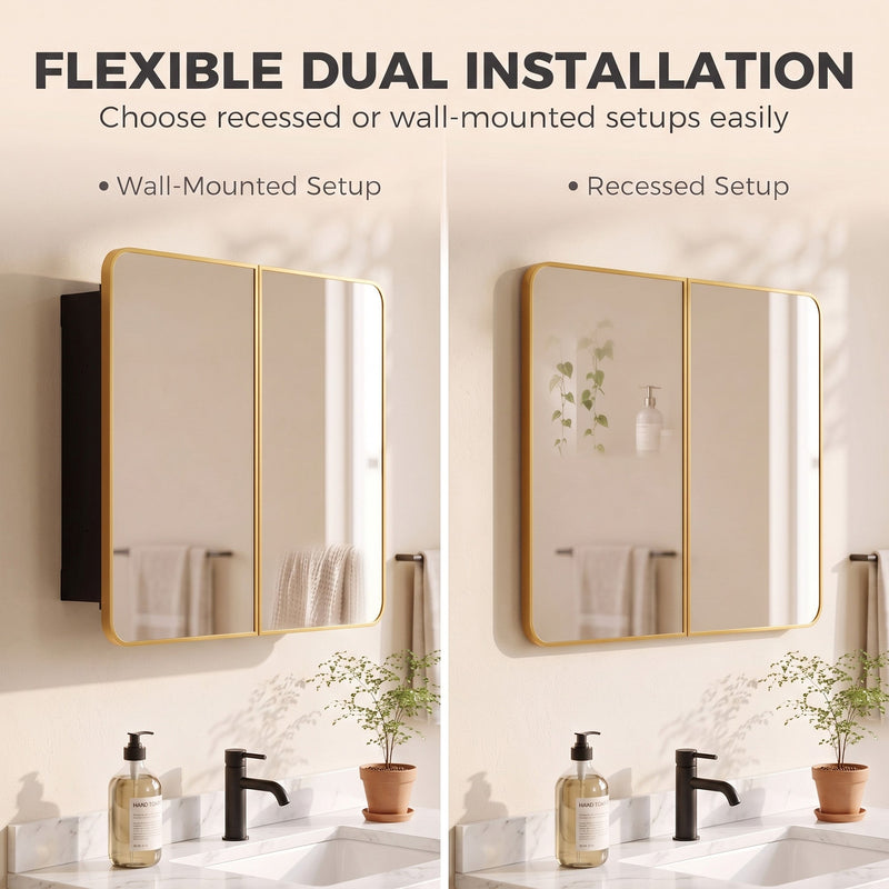 Gold tone mirror cabinet shown in wall-mounted and recessed installations side by side