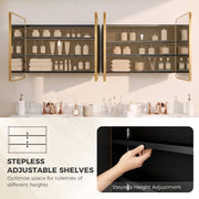 Open gold tone mirror cabinet with stocked shelves and a close-up of the stepless shelf adjustment