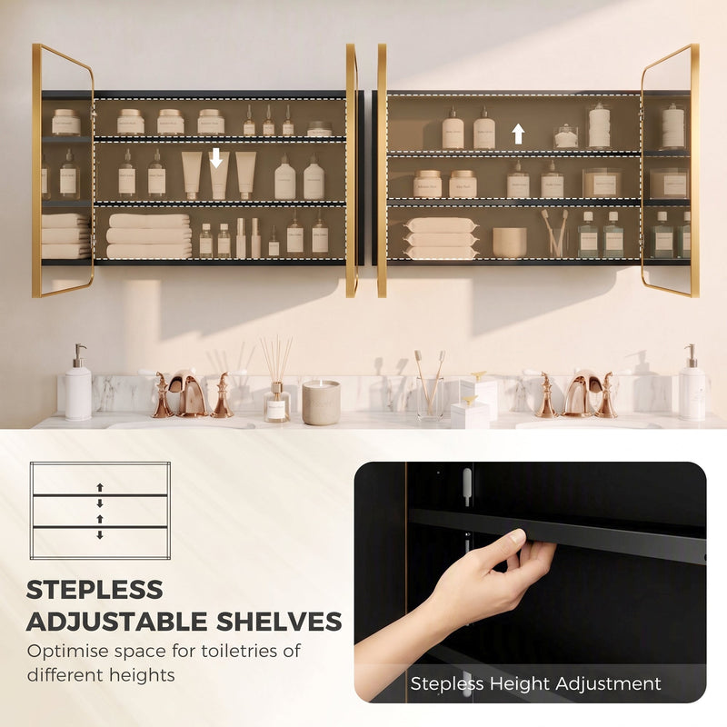 Open gold tone mirror cabinet with stocked shelves and a close-up of the stepless shelf adjustment