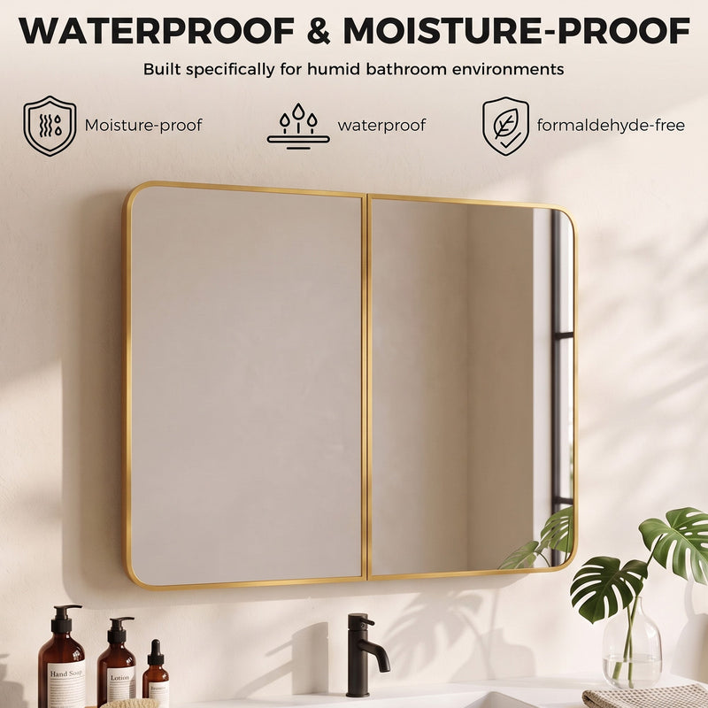 Gold tone mirror cabinet with waterproof, moisture-proof and formaldehyde-free icons above a basin