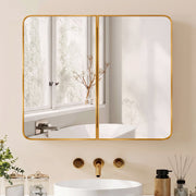 Gold tone mirror cabinet above a white basin with gold taps