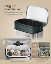 Inner bucket lifted out of the bin, with a neatly held liner compared against rubbish trapped around a loose liner