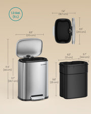 Dimensions diagram showing 21.5 cm width, 18.7 cm depth, 29.7 cm closed height, 44 cm open height and the 21 x 14.4 x 25 cm inner bucket