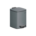 Slate grey steel pedal bin with the lid closed and foot pedal visible on a plain background