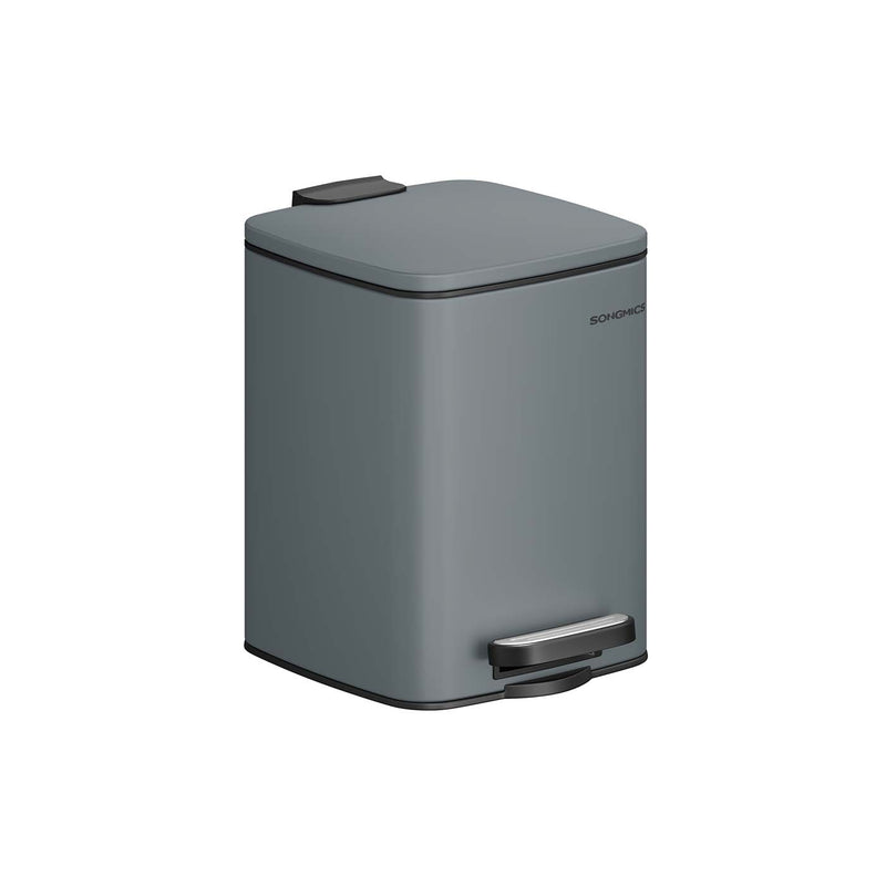 Slate grey steel pedal bin with the lid closed and foot pedal visible on a plain background