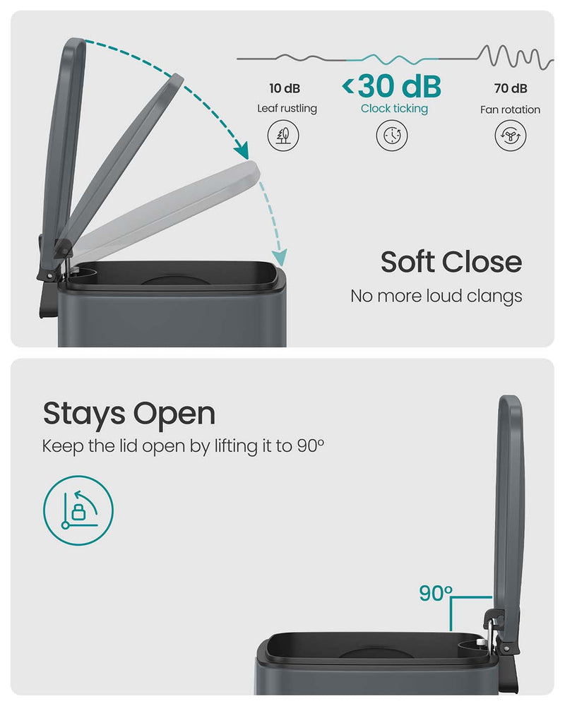Graphic showing the soft-close lid arc under 30 dB and the lid held open at 90 degrees