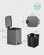 Dimensions diagram showing 23.9 x 19.3 cm, 25.5 cm closed height, 44.5 cm lid-open height and the 6 L inner bucket