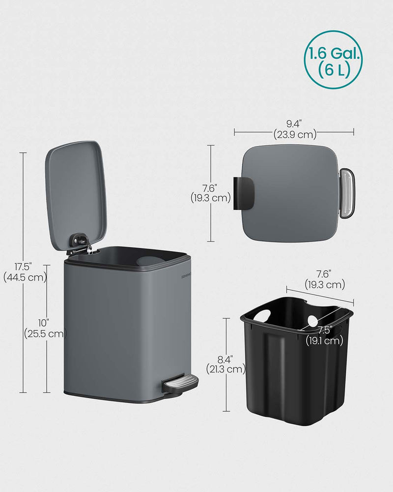 Dimensions diagram showing 23.9 x 19.3 cm, 25.5 cm closed height, 44.5 cm lid-open height and the 6 L inner bucket