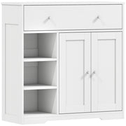White bathroom storage cabinet with a top drawer, 3 open shelves and 2 doors on a white background