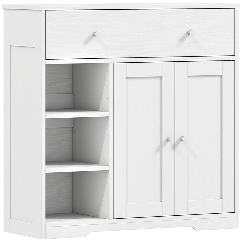 White bathroom storage cabinet with a top drawer, 3 open shelves and 2 doors on a white background