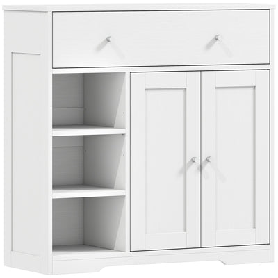 White bathroom storage cabinet with a top drawer, 3 open shelves and 2 doors on a white background