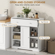 Cabinet with doors open, labels marking the top drawer, 3 open compartments and 2-tier cupboard