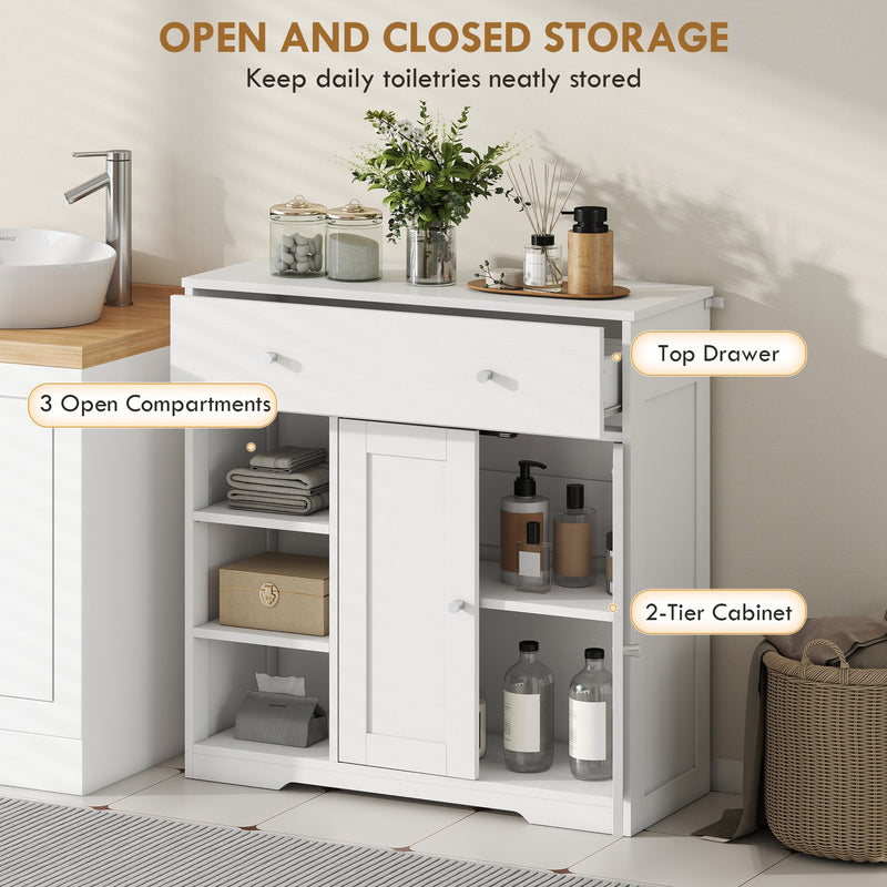 Cabinet with doors open, labels marking the top drawer, 3 open compartments and 2-tier cupboard