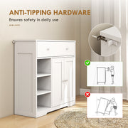 Close-up of the anti-tipping bracket fixing the bathroom cabinet to the wall