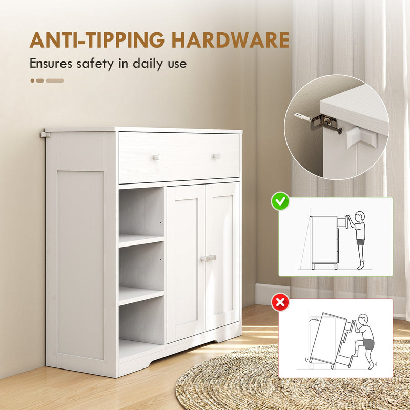Close-up of the anti-tipping bracket fixing the bathroom cabinet to the wall