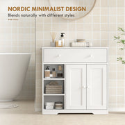 Bathroom cabinet against tiled walls with pump bottles, towels and a round mirror above