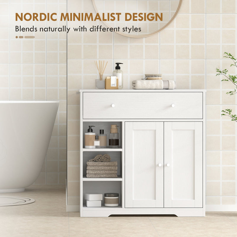 Bathroom cabinet against tiled walls with pump bottles, towels and a round mirror above
