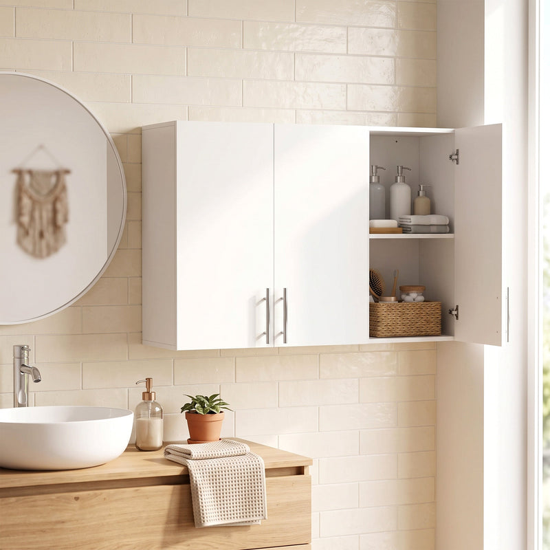 White wall cabinet mounted above a bathroom sink with one door open showing toiletries