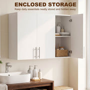 Bathroom cabinet with one door open in a bathroom, labelled enclosed storage