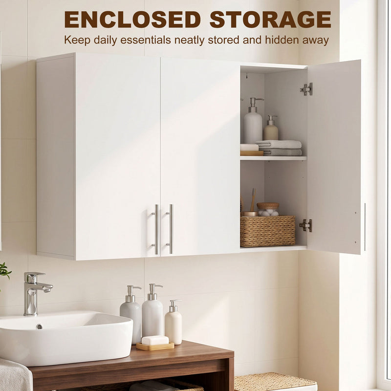 Bathroom cabinet with one door open in a bathroom, labelled enclosed storage