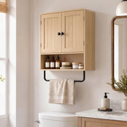 Wall-mounted oak cabinet with doors closed