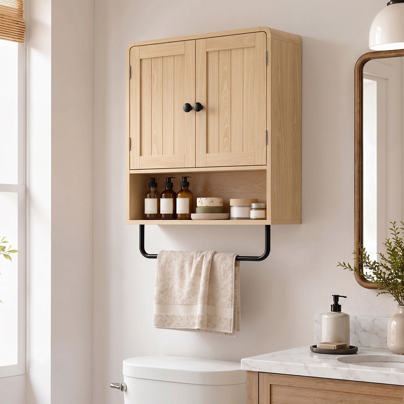 Wall-mounted oak cabinet with doors closed