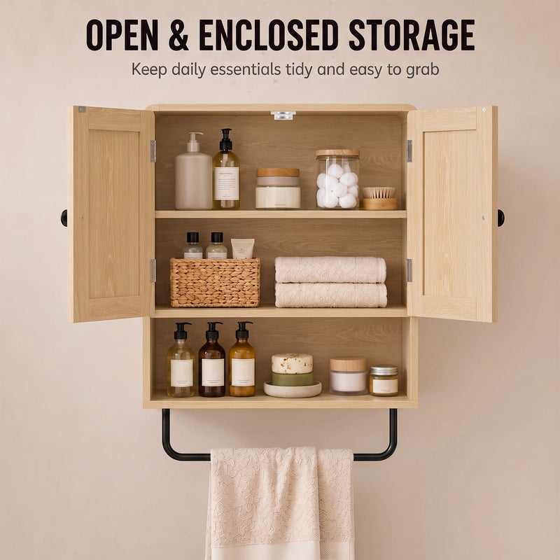Open lower shelf holding everyday bathroom items