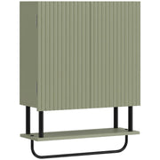 Green bathroom wall cabinet with fluted double doors, open shelf and black towel rail on a plain background