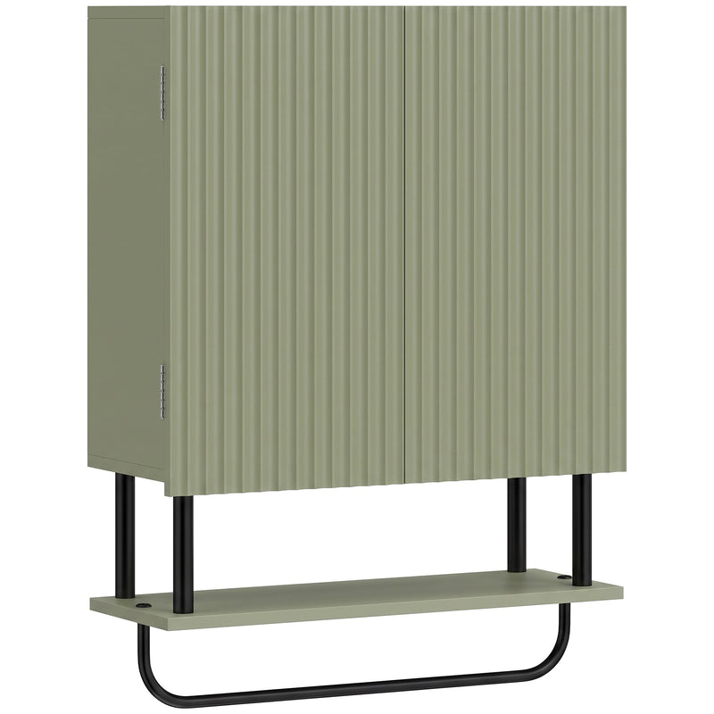 Green bathroom wall cabinet with fluted double doors, open shelf and black towel rail on a plain background