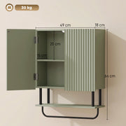 Dimensions diagram of the green bathroom wall cabinet showing 49 cm width, 18 cm depth, 66 cm height and 30 kg capacity