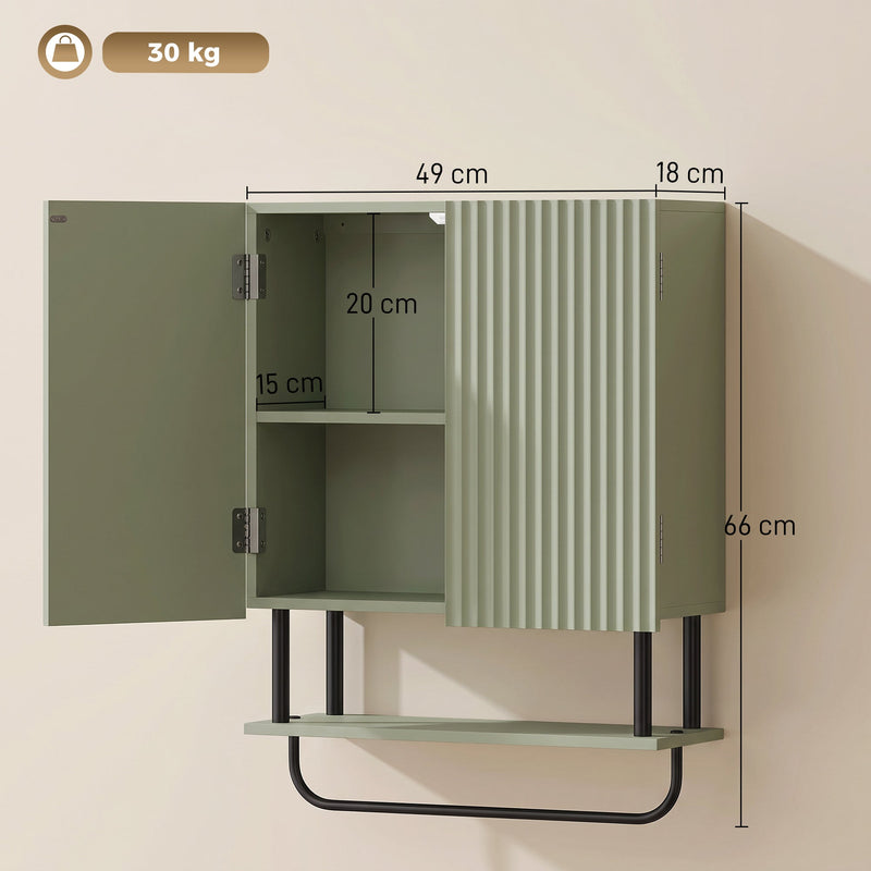Dimensions diagram of the green bathroom wall cabinet showing 49 cm width, 18 cm depth, 66 cm height and 30 kg capacity