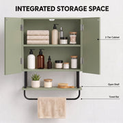 Green cabinet with both doors open showing the 2-tier interior, labelled open shelf and towel bar