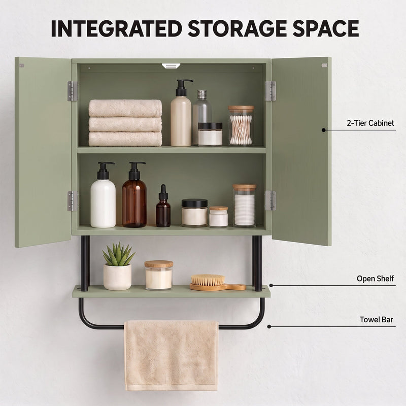 Green cabinet with both doors open showing the 2-tier interior, labelled open shelf and towel bar