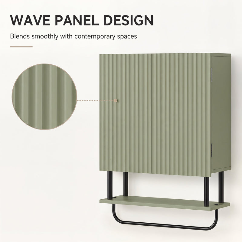 Close-up of the green fluted wave panel door finish on the bathroom wall cabinet