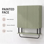Green bathroom cabinet shown with water-resistant, moisture-resistant and easy-to-clean painted finish icons
