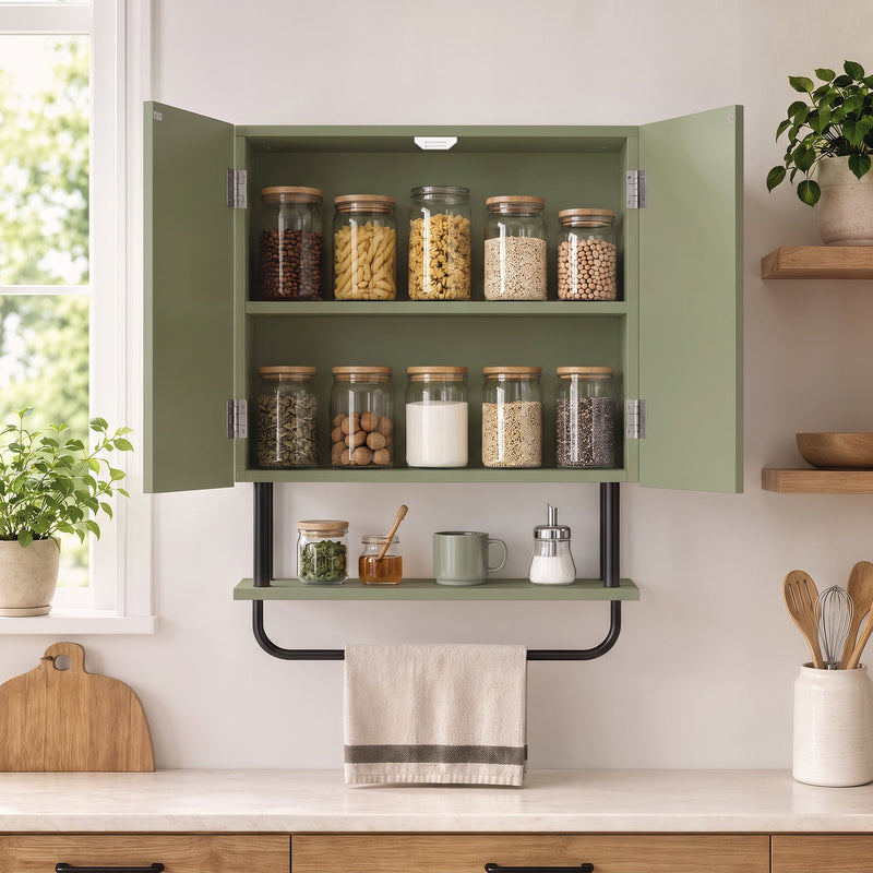 Green cabinet used in a kitchen with doors open and glass storage jars on both shelves