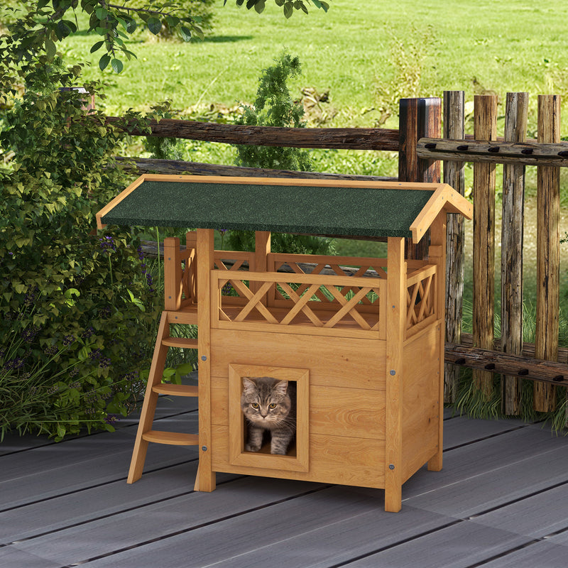 Outdoor Wooden Cat House With Balcony And Stairs Ideal Shelter For Pets, Natural Wood Finish