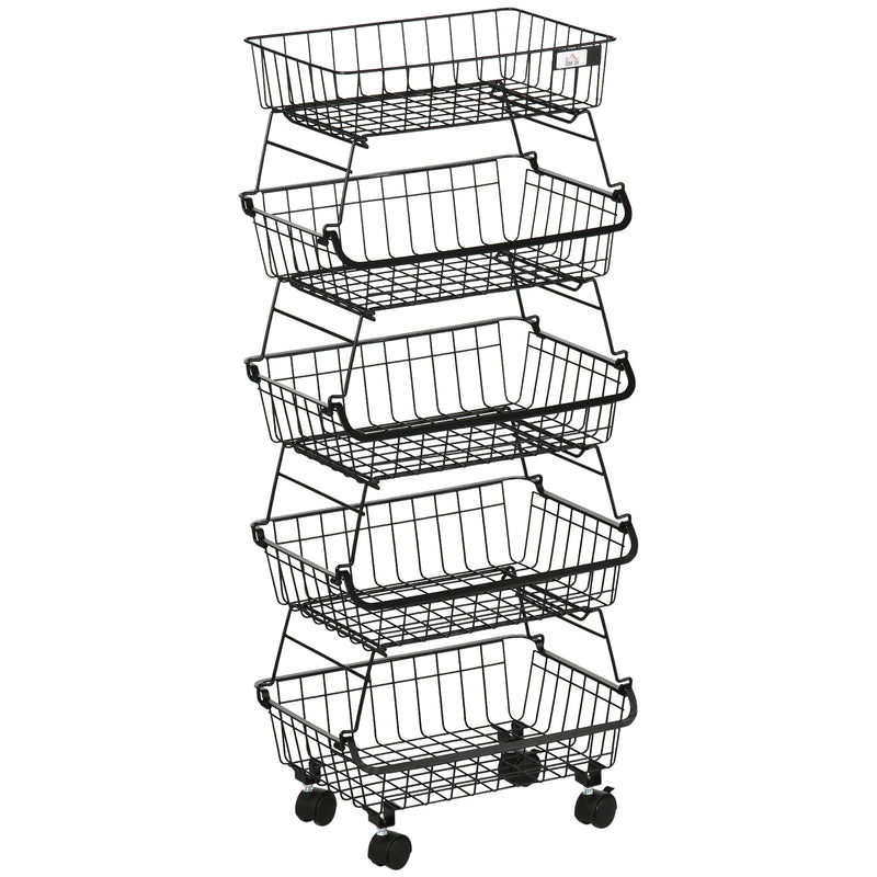 HOMCOM 5 Tier Storage Trolley, Stackable Fruit Vegetable Cart for Kitchen, Living Room, 40 x 2 x 97 cm, Black AOSOM