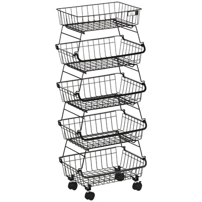 HOMCOM 5 Tier Storage Trolley, Stackable Fruit Vegetable Cart for Kitchen, Living Room, 40 x 2 x 97 cm, Black AOSOM