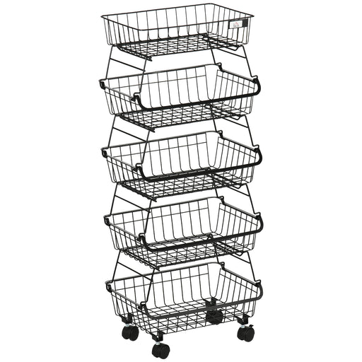HOMCOM 5 Tier Storage Trolley, Stackable Fruit Vegetable Cart for Kitchen, Living Room, 40 x 2 x 97 cm, Black AOSOM