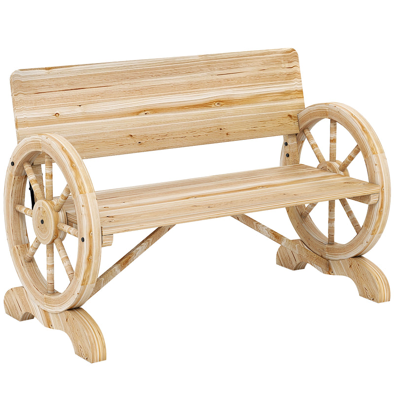 Wooden Garden Bench with Wagon Wheel Design for Two People Natural Wood Finish Outsunny
