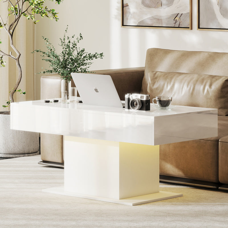 Extendable Coffee Table with LED Lighting and Hidden Storage for Living Room High Gloss White AOSOM