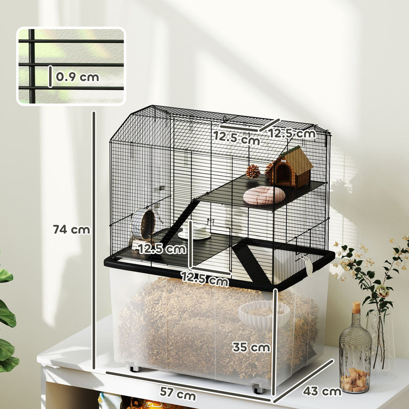 Three-Tier Gerbil and Hamster Cage With Wheels Deep Base Water Bottle by PawHut