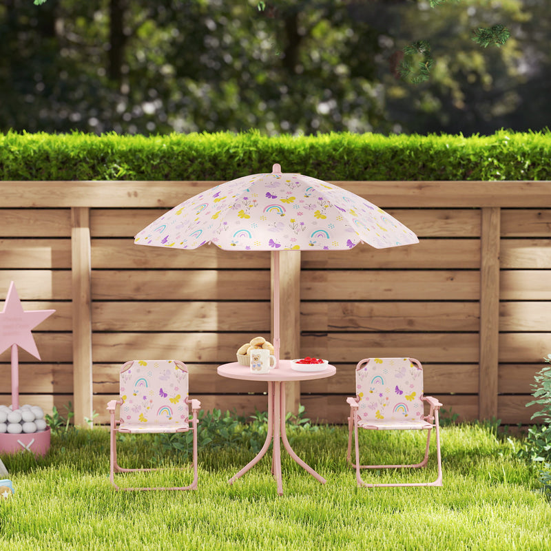 Kids Garden Table and Chair Set with Adjustable Parasol Rainbow Design 4pc Pink by AIYAPLAY Aiyaplay