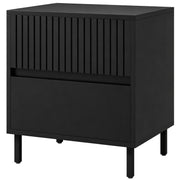 Black bedside cabinet with two drawers and steel legs, studio view