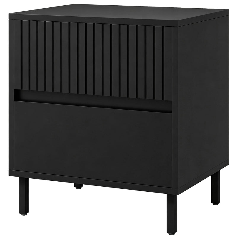 Black bedside cabinet with two drawers and steel legs, studio view