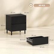 Black bedside cabinet dimensions diagram showing 45 x 35 x 50 cm and drawer interior size